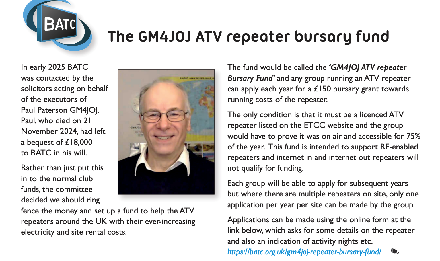 GM3JOJ ATV Repeater Bursary Fund
An application will be made to support MCBARG DATV Repeater GB3NQ